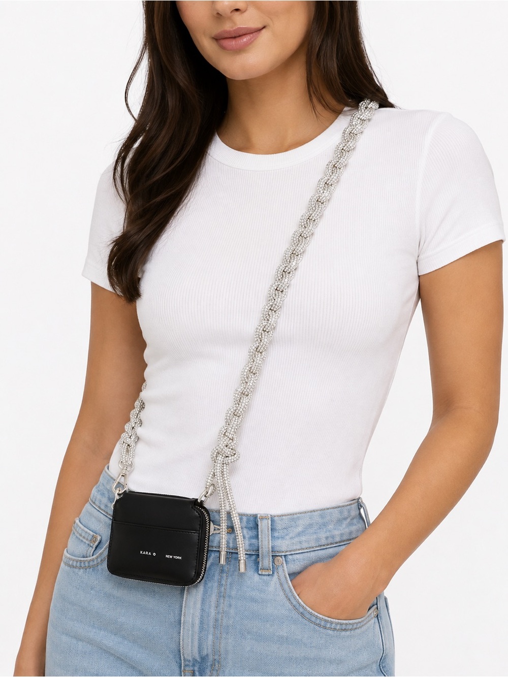 KARA New York Black Wallet Crossbody Crystal Rhinestone Braided Strap Mini Bag